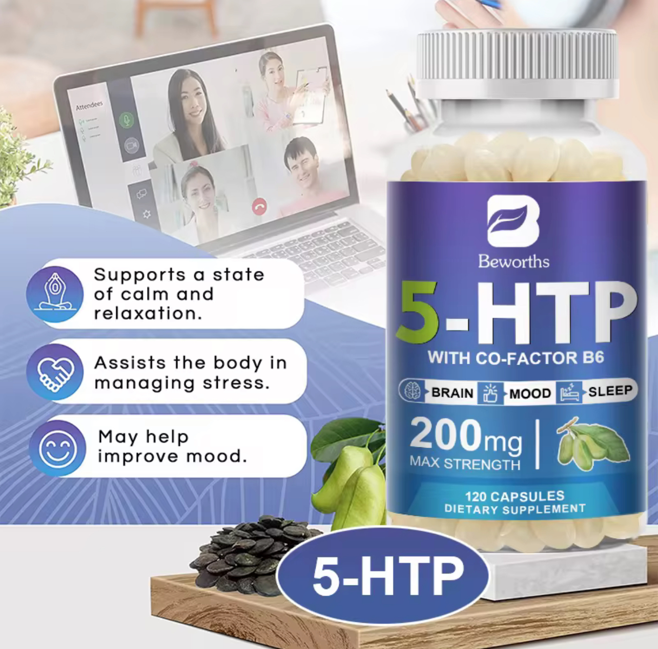 HTP-5 - טריפטופן - תומך במצב הרוח ושינה (120 יח') – תמונה 4